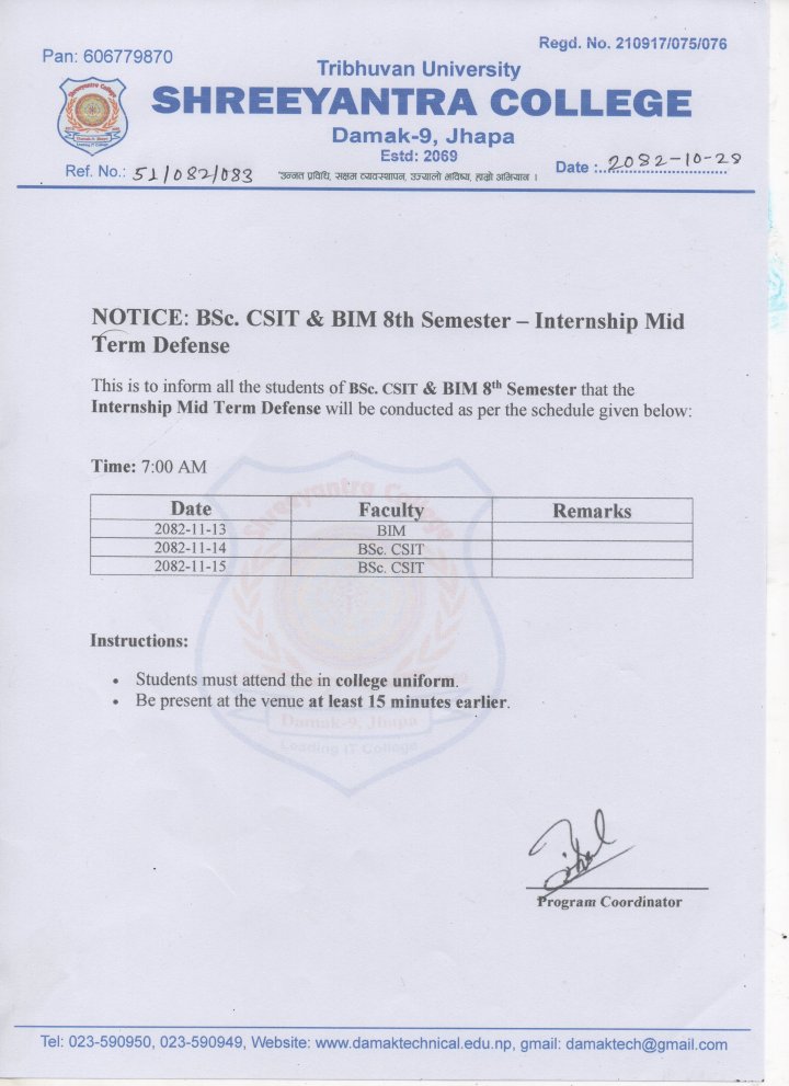 Notice:- Internship Mid Term Defense