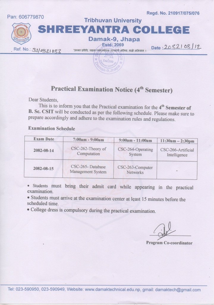 Practical Examination Notice (4th Semester)