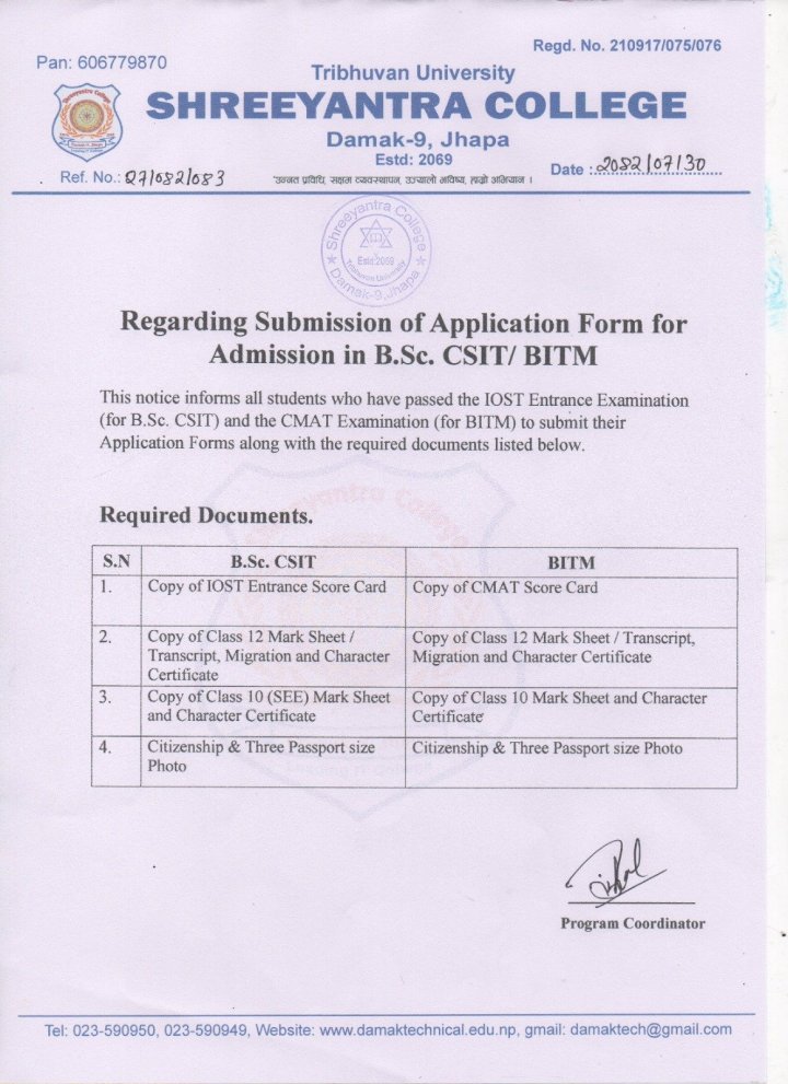 Regarding Submission of Application Form for Admission in B.Sc. CSIT/ BITM